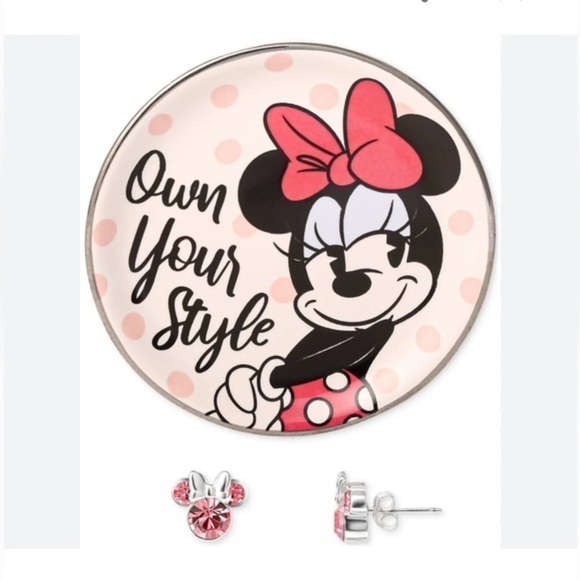 NWT 925 Sterling Minnie Mouse pink crystal earrings w/dish - Picture 2 of 5